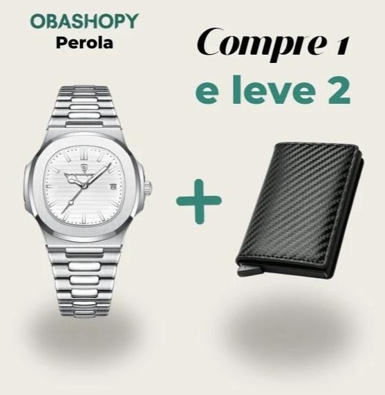 Relógio Luxo Prata + Carteira Fibra de Carbono - 🔥Compre 1 Leve 2