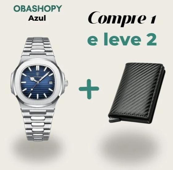 Relógio Luxo Prata + Carteira Fibra de Carbono - 🔥Compre 1 Leve 2